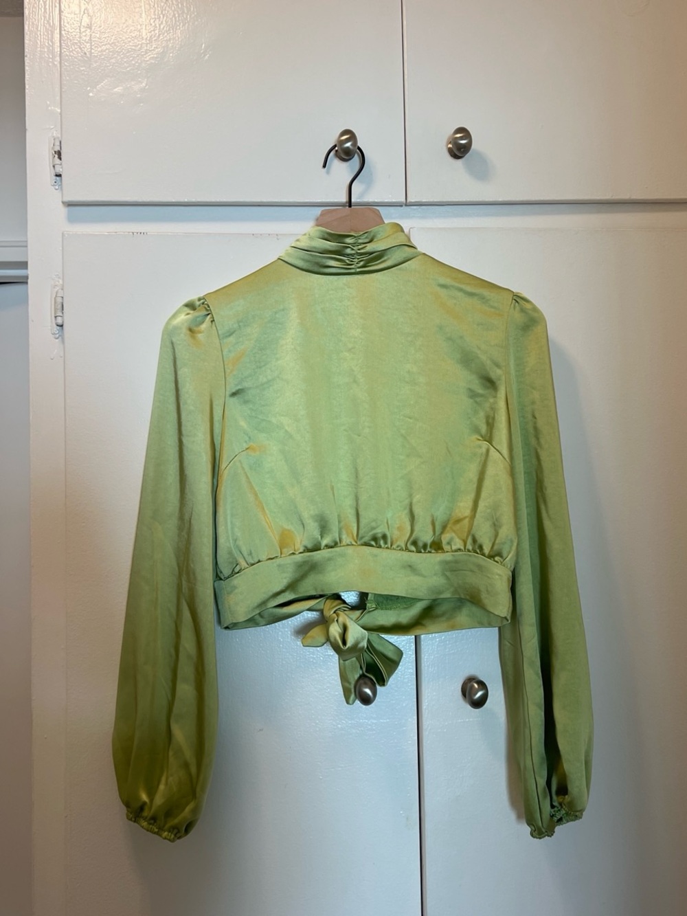 Nasty Gal Light Green Satin Tie-Back Crop Blouse